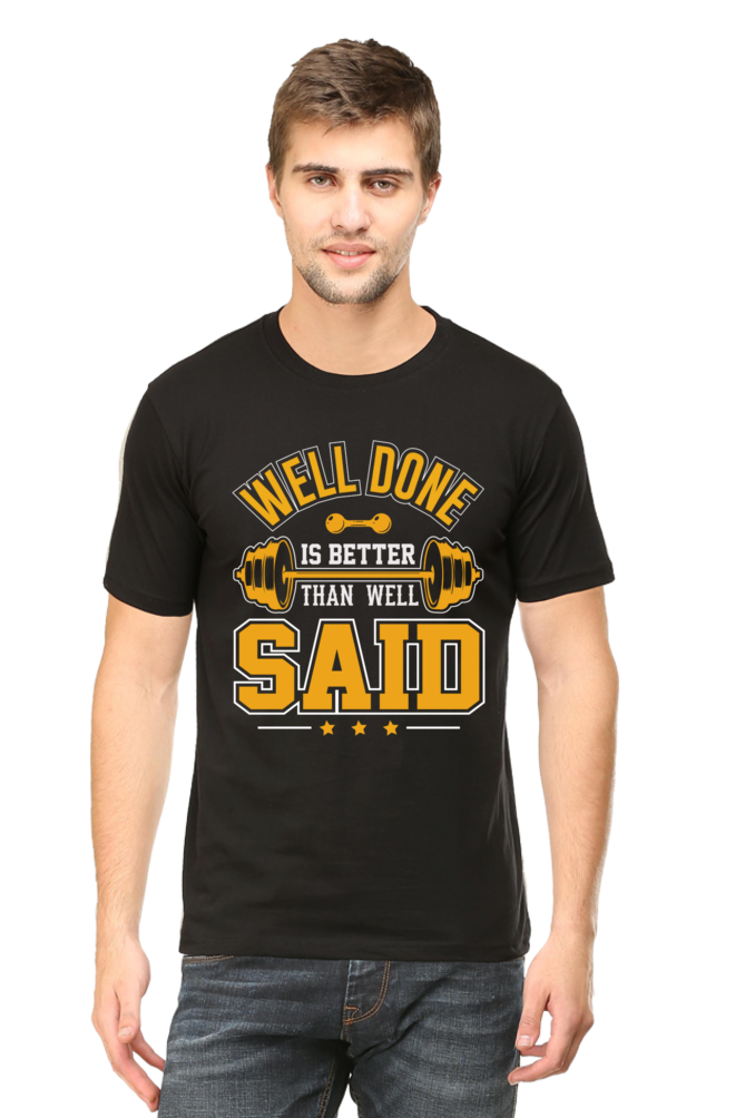 Male Round Neck Half Sleeve Classic Black Gym Well Done qikink