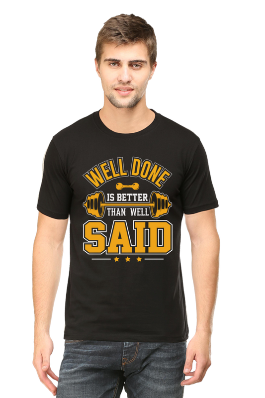 Male Round Neck Half Sleeve Classic Black Gym Well Done qikink